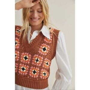 NWT Stella Pardo Anthropologie Crochet Wool Sweater Vest Sleeveless Patches Knit